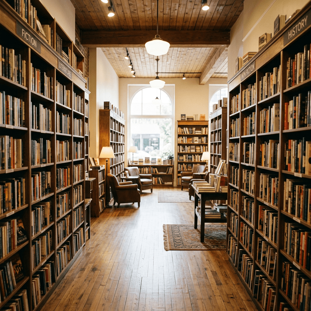 Empty bookstore interior with bookshelves